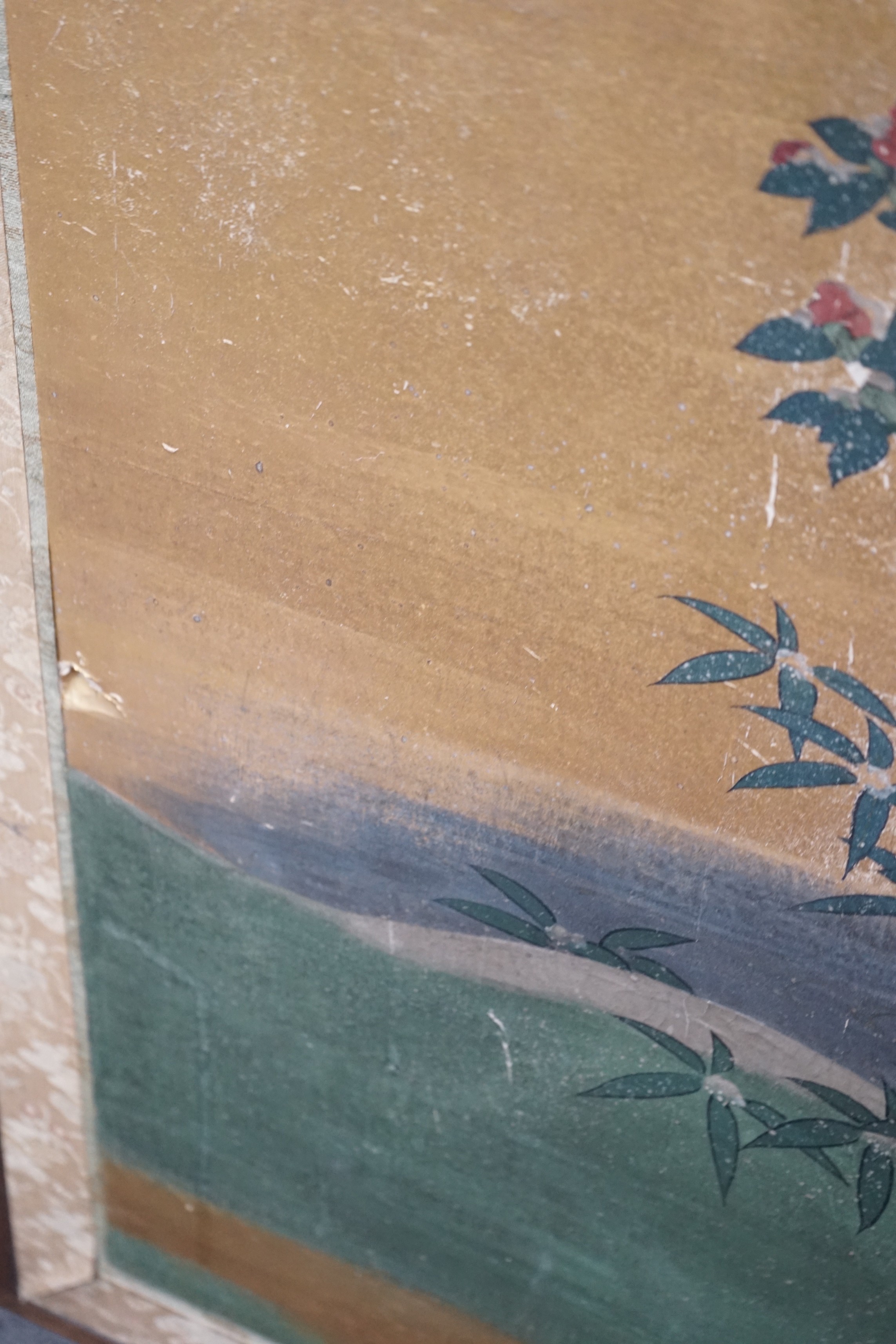 A Japanese four fold screen painted with a Crane above a Prunus tree now fixed as a wall panel, 184cms x 125cms.